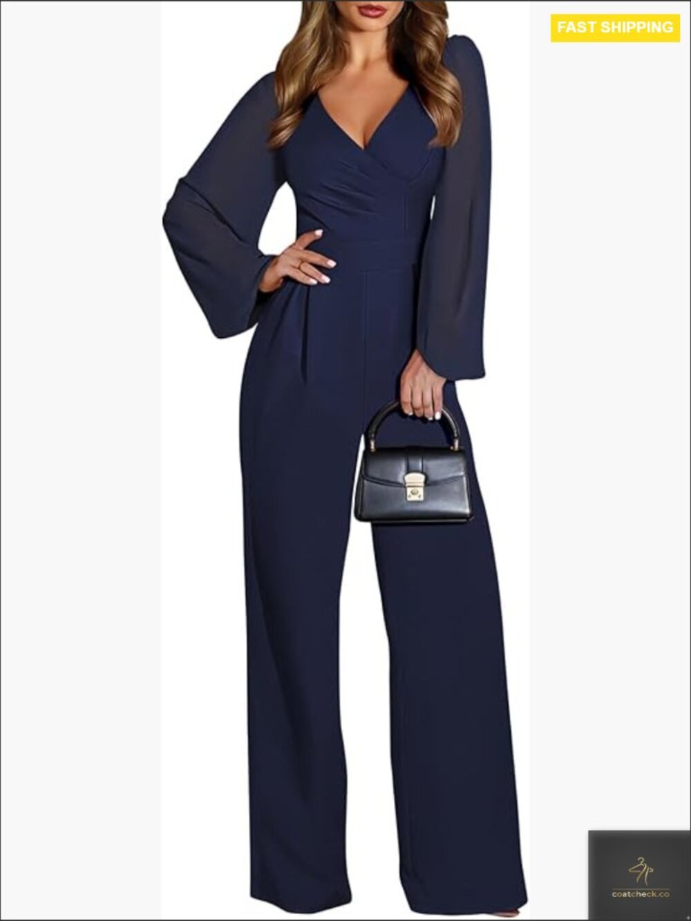 V-Neck Wide Leg Jumpsuit Patchwork Chiffon Sleeves Elegant Party Wear